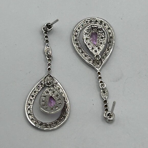 14k White Gold with .25ctw Pear Cut Pink Sapphire & Pave Diamond Dangle Earrings - Picture 3 of 7